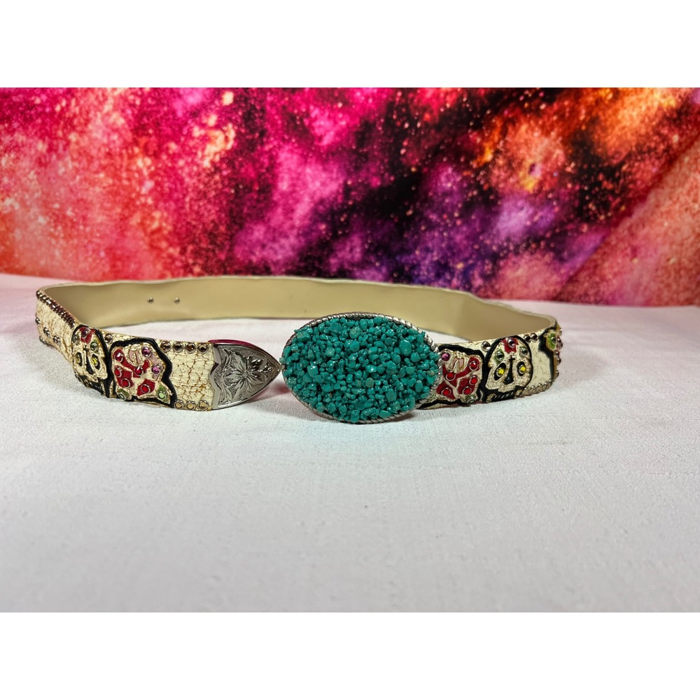 SZ 30 Y2K Kippys Western Belt Sugar Skull Rose Swarovski Crystal Turquoise Buckl